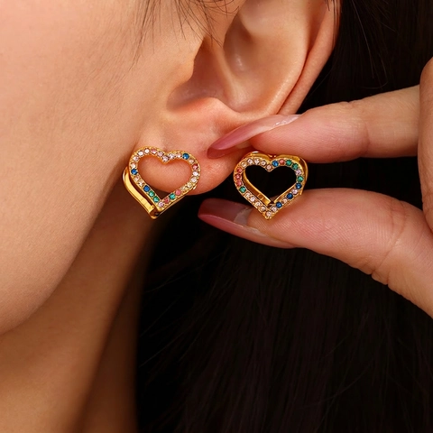Stainless Steel Heart Rhinestone Stud Earrings For Women Multi-color Colorful Rhinestone Geometric Heart Ear Clip Jewelry