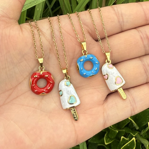Zoete Donut Ijs Hanger Ketting Roestvrij Staal Emaille Vergulde Sleutelbeen Ketting Verse Sieraden