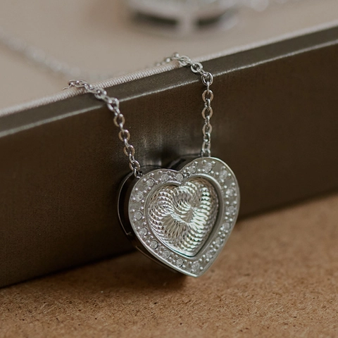 Herz Anhänger Halskette Edelstahl Zirkon Pavé Eingefasst Radial Textur O-Kette Verstellbar Damen Eleganter Schmuck
