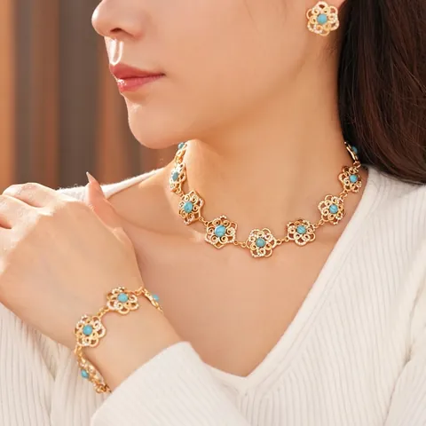 Collana Bracciale E Orecchini A Fiore Cavo Vintage Con Perno In Argento Lega Strass Pietra Donne Retro
