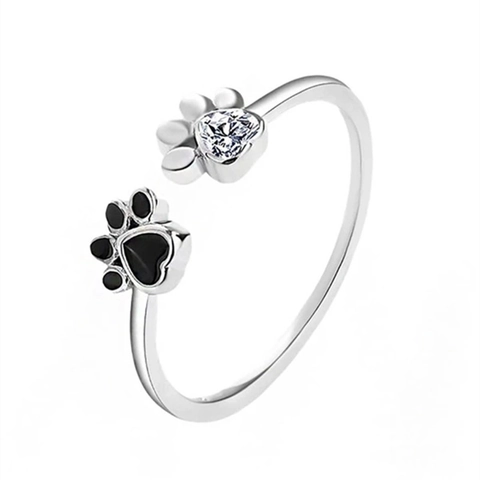 Cute Cat Paw Print Adjustable Open Ring For Women Heart Zircon Black Enamel Copper Jewelry Sweet Animal Gift