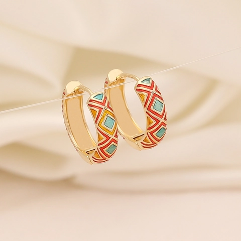 Vintage Enamel Hoop Earrings Copper Gold Plated Geometric Rhombus Ethnic Style Jewelry For Women