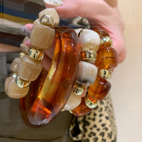 Bracciale Di Perline In Acrilico Retrò Con Motivo Marmorizzato E Distanziatori In Lega Dorata Per Donna Stile Vacanza Gioielli Da Mano Geometrici