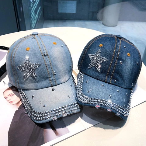 Rhinestone Star Love Washed Denim Baseball Cap For Women Distressed Adjustable Bling Sun Hat Streetwear Style