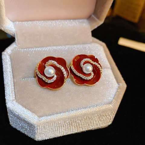 Pendientes Vintage De Aleación Esmaltada Roja Con Poste De Plata Para Mujer Joyas Elegantes Estilo Retro Chic