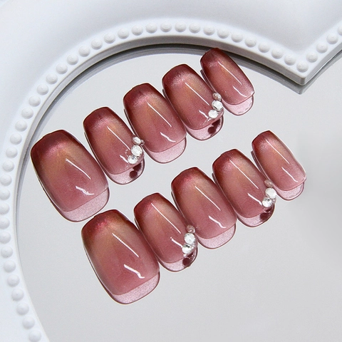 Handgefertigte Cat Eye Press On Nägel Mit Strasssteinen Französischer Stil Quadratisch Rund Künstliche Nageltipps