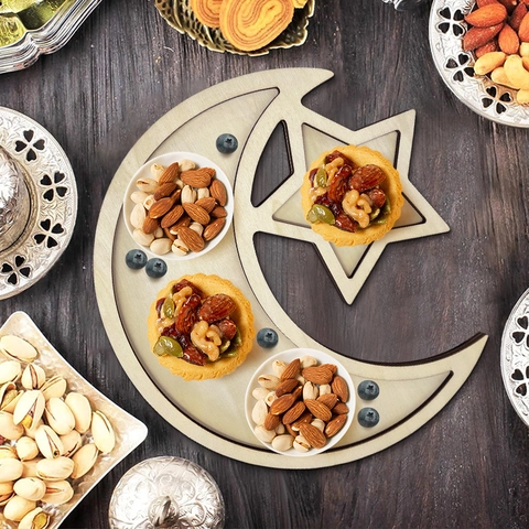 Vassoio Da Portata In Legno Luna Stella Contenitore Per Alimenti Per Decorazione Tavola Festa Ramadan Eid Mubarak Rustico
