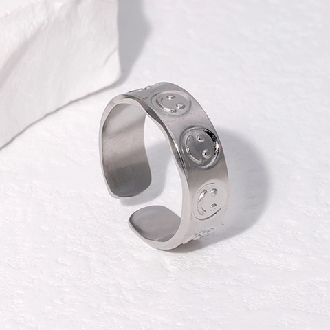 Anillo De Cara Sonriente Ajustable Acero Inoxidable Relieve Continuo Hip Hop Anillo Abierto Joyería Para Mujeres