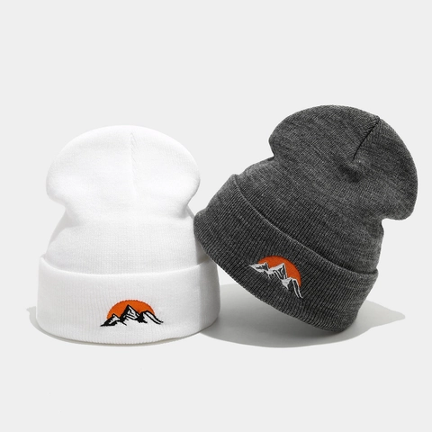Bonnet En Maille Broderie Montagne Soleil Acrylique Pour Hommes Femmes Chaud Outdoor Hiver
