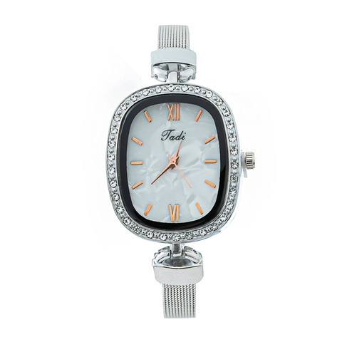 Women's Fashion Quartz Watch Oval Marble Texture Dial Rhinestone Alloy Case Silver Metal Mesh Strap Wristwatch