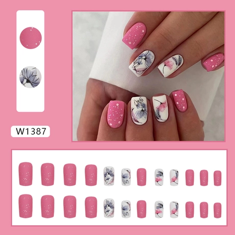 Quadratische Mittellange Künstliche Fingernägel Zum Aufkleben Kunststoff Matt Lotusblume Elegant Glitzer Damen