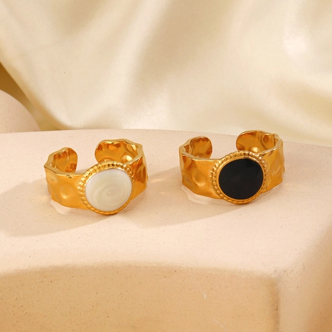 Retro Hammered Round Open Ring 18K Gold Plated Stainless Steel Enamel Geometric Adjustable Finger Jewelry For Women