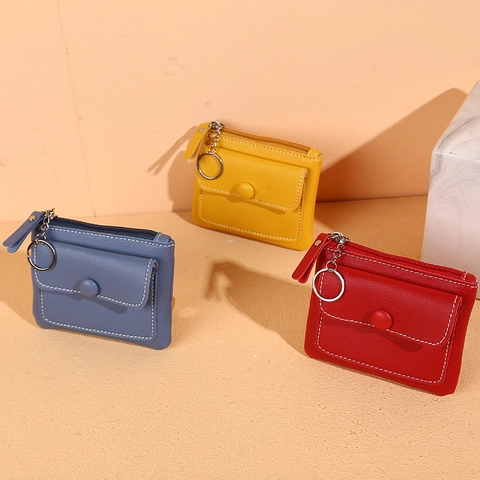 Mini Porte Monnaie Cuir PU Fermeture Éclair Porte Carte Avec Porte Clés Poche Avant Couture Contrastée Petit Portefeuille Pour Hommes Femmes