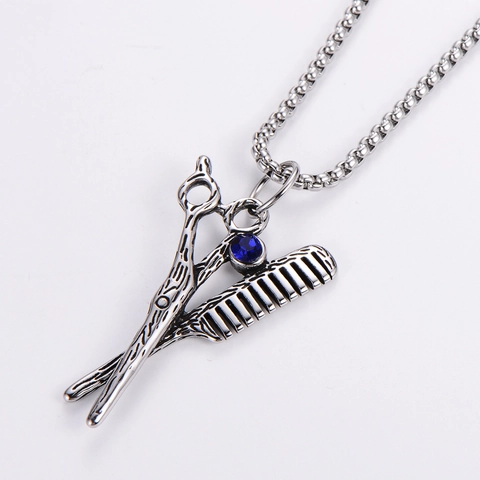 Retro Barber Scissors Comb Pendant Necklace 304 Stainless Steel Blue Rhinestone Punk Hip Hop Hairstylist Jewelry