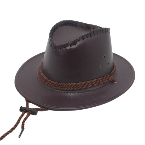Western Cowboy Hat Faux Leather PU Vintage Wide Brim Outdoor Riding Fedora With Adjustable Windproof Rope For Men Women