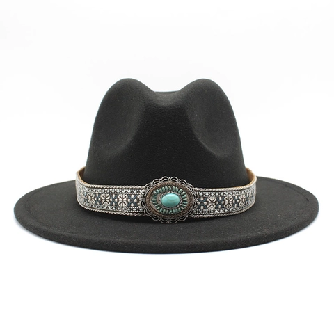 Vintage Fedora Hat Wide Brim Ethnic Woven Band Turquoise Decor Wool Felt Textured Jazz Cap For Women
