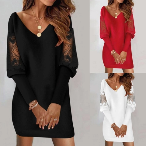 Women's Elegant Long Sleeve V-Neck Lace Patchwork Midi Dress Casual Printed Slim Fit Dress