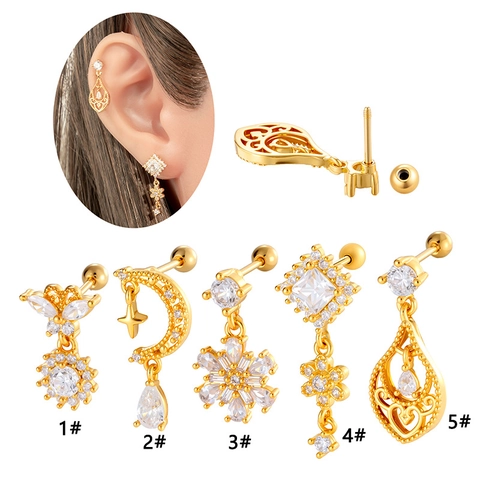Franse Retro Kraakbeenoorknop Zirkoon Koper Titaniumstaal Piercing Oorbel Vrouwen Schroefsluiting Bloem Vlinder