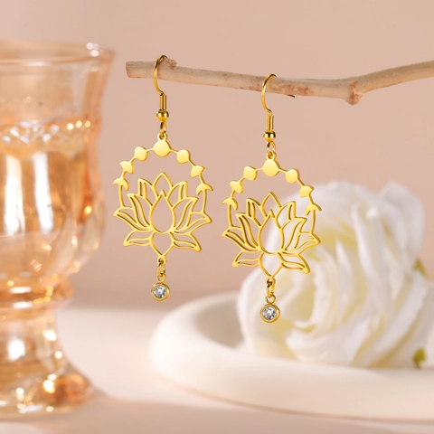 Orecchini a Pendente con Loto Cavo in Acciaio Inossidabile per Donna Eleganti Orecchini con Strass Gioielli di Moda