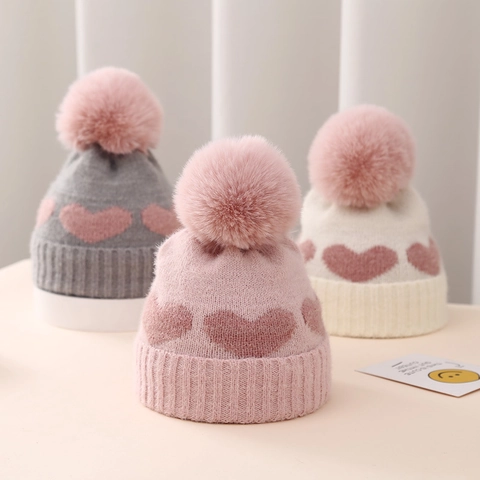 Gorro De Punto Para Bebé Jacquard Patrón De Corazón Grueso Capas Múltiples Con Pompón Grande Accesorio De Invierno Cálido Para Recién Nacidos Bebés