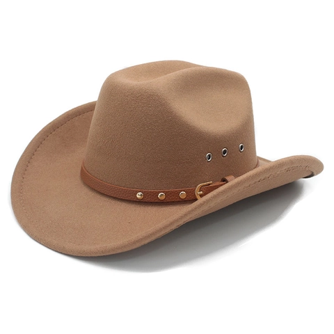 Classic Western Cowboy Hat Cotton Polyester Wool Felt Wide Brim Retro Fedora With Riveted Leather Band And Air Vents
