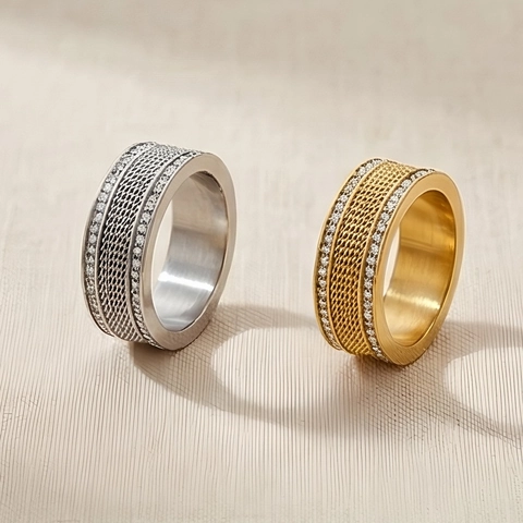 Stainless Steel Ring Woven Mesh Texture Sparkling Rhinestone Wide Band Punk Unisex Fashion Finger Jewelry