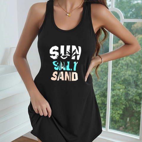 Damen Ärmelloses Nachthemd Schwarz Weiches Polyester Sommer Schlafshirt Sun Salt Sand Buchstaben Druck Lässiges Chemise
