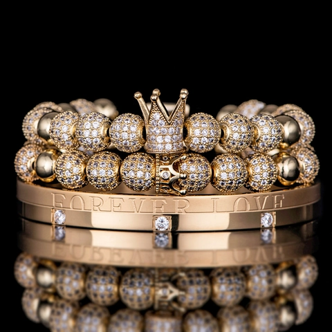 Pulsera De Cuentas Corona De Lujo Y Brazalete Grabado Forever Love De Acero Inoxidable Joyería Circonita Para Parejas