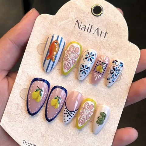 Mediterranean Style Press On Nails Almond Shape Blue White Porcelain Lemon Fish Pattern 3D Embossed Artificial Nails