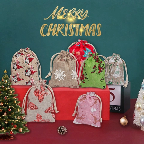 Christmas Gift Bags Linen Drawstring Pouches For Holiday Party Favors Candy Wrapping Gnome Reindeer Print