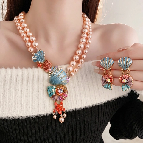 Vintage Double Layer Artificial Pearl Necklace And Earrings Alloy Rhinestone Enamel Seashell Starfish Silver Earring Post For Women