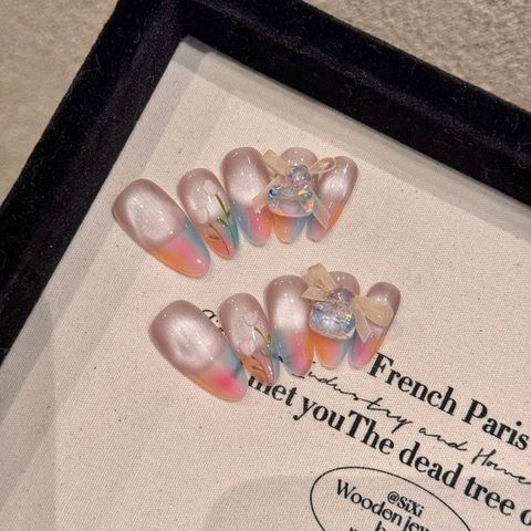 Handmade Monet Garden Press On Nails Pink Blue Gradient Cat Eye UV Gel Fake Nails With Bow Heart Tulip Decor For Women