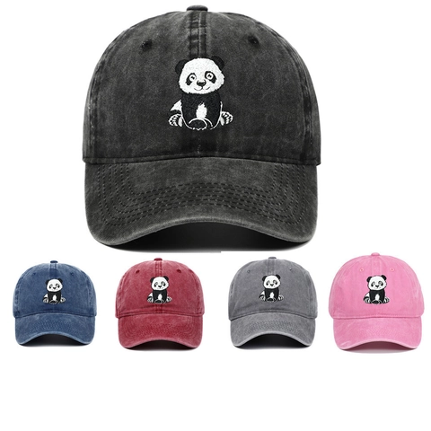 Casquette De Baseball Coton Lavé Broderie Panda Ajustable Protection Solaire Plein Air Chapeau Rétro Unisexe