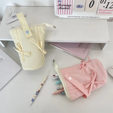 Macaron Color Standing Pencil Case Large Capacity Polyester Foldable Pen Bag With Ribbon Bows Hand Strap For Students Office