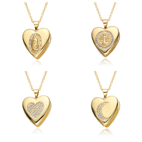 Hart Medaillon Ketting Koper Verguld Religieus Maagd Maria Hanger Strass Micro Pave Voor Vrouwen