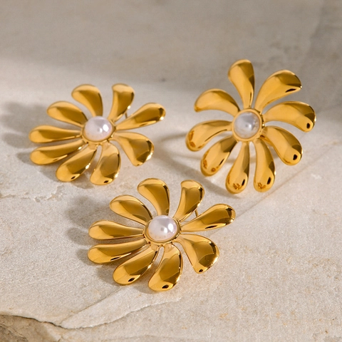 Blumen Künstliche Perlen Ohrstecker Und Verstellbarer Ring 18K Vergoldet Edelstahl Floraler Schmuck Elegant Mode Für Damen