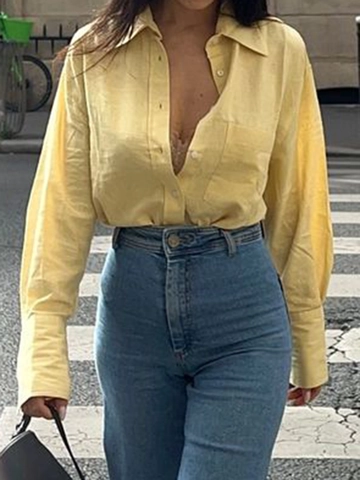 Women 100% Cotton Long Sleeve Shirt Loose Fit Casual Button Down Blouse With Chest Pocket Solid Color Vacation Streetwear
