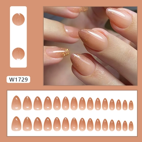 Uñas Postizas Forma Almendra Degradado Marrón Claro Brillo Dorado Brillante Plástico ABS Elegante Para Mujeres