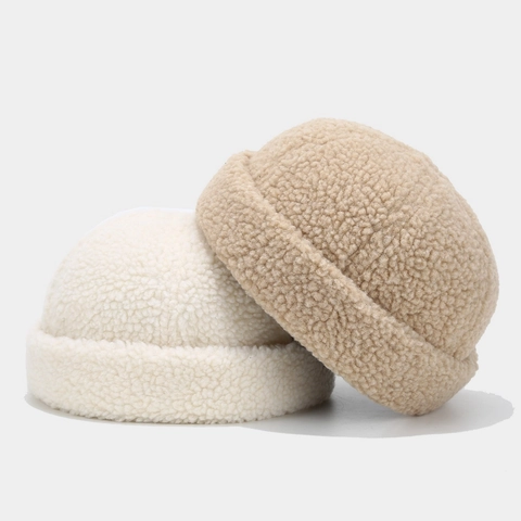 Unisex Docker Hat Teddy Fleece Brimless Beanie Warm Thick Retro Adjustable Miki Cap Winter Streetwear Fashion