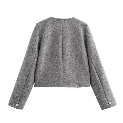 Dames Korte Tweed Jas Grijs Ronde Hals Gouden Knopen Lange Mouwen