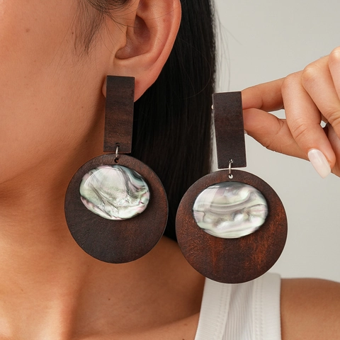 Orecchini Pendenti Geometrici In Legno E Resina Con Silver Earring Post Stile Bohémien Etnico Retrò Grandi Per Donna