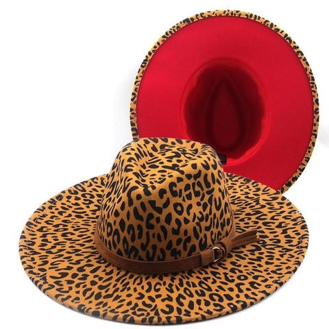 Cappello Fedora Con Stampa Leopardata Tesa Larga Feltro Jazz Con Fascia In Pelle Fibbia In Metallo Moda Vintage Unisex
