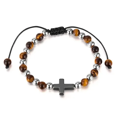 Bracciale Di Perline In Occhio Di Tigre Acciaio Inossidabile Ciondolo Croce Ematite Corda Regolabile Gioielli Religiosi Uomo Donna