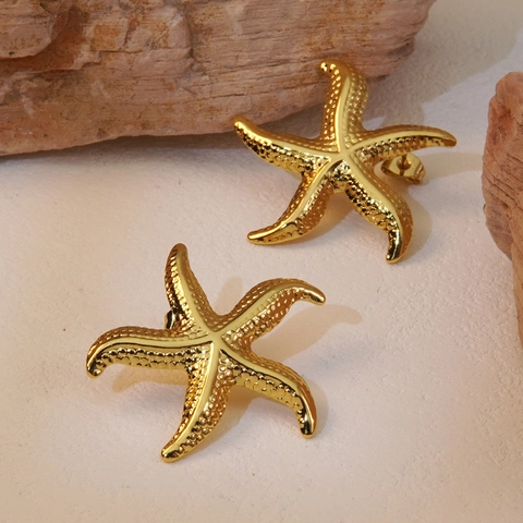 Starfish Stud Earrings Textured 304 Stainless Steel Gold Plated Ocean Series Beach Summer Jewelry For Women