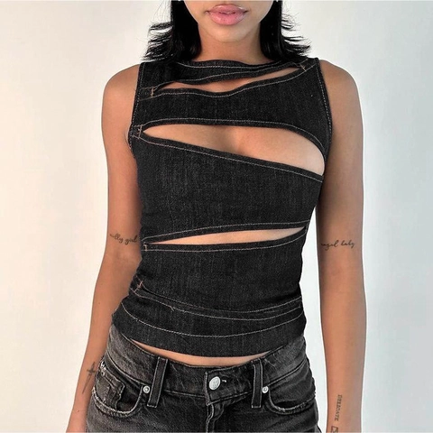 Women Cut Out Tank Top Denim Look Sleeveless Sexy Y2K Streetwear Back Zipper Crop Top Slim Fit Solid Color