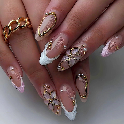 Faux Ongles Press On Fleurs En Relief French Manucure Dégradé Rose Forme Amande Avec Künstliche Perles Pour Femmes