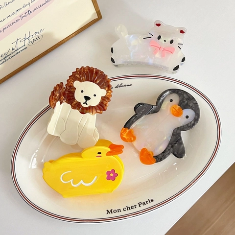 Pinces à Cheveux en Acétate Forme Animale Mignonne Motifs Pingouin Canard Lion Chat Barrettes Dessin Animé Accessoires Cheveux Femmes