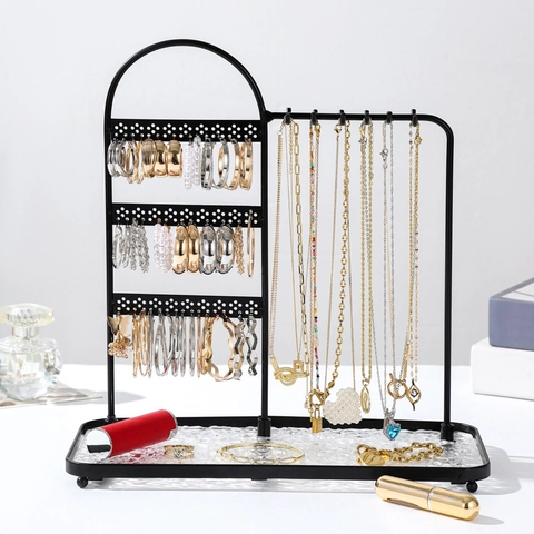 Jewelry Organizer Rack Metal Iron Necklace Earring Display Stand With Glass Tray Modern Nordic Style Desktop Storage