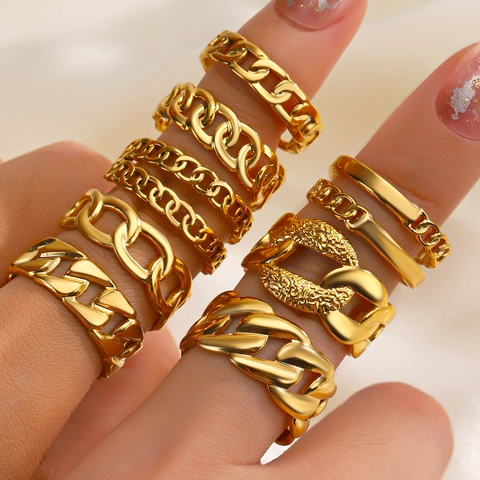 Vintage Stainless Steel Chain Ring For Women 18K Gold Plated French Style Open Adjustable Geometric Link Jewelry