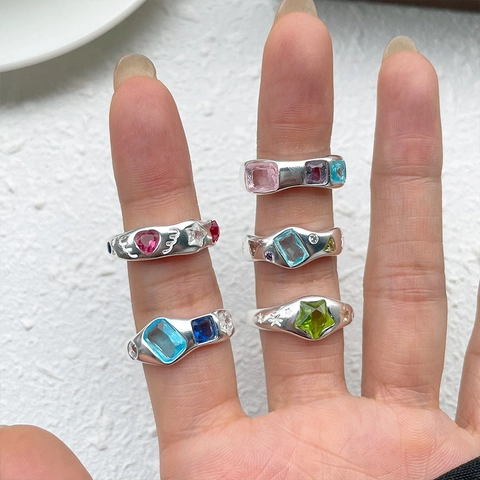 Colorful Gemstone Open Ring White Copper Silver Plated Adjustable Y2K Retro Aesthetic Fashion Jewelry For Women